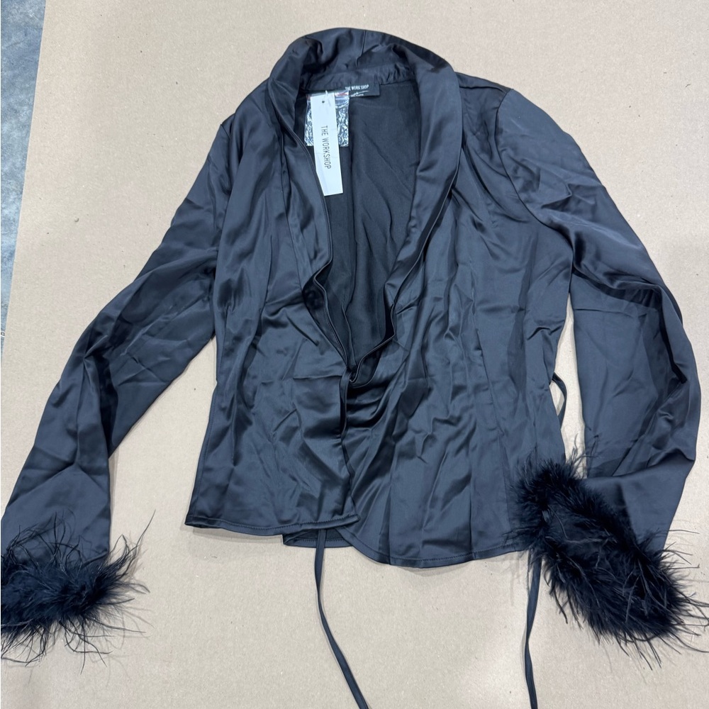 Elegant Black Feather-Trimmed Wrap Top